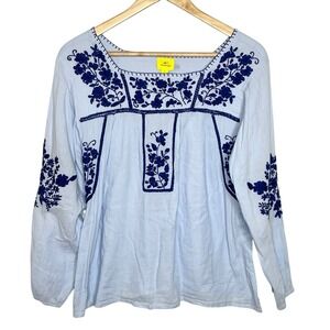 Roller Rabbit Embroidered Blouse Top Blue Womens Small Boho Peasant 70s Floral